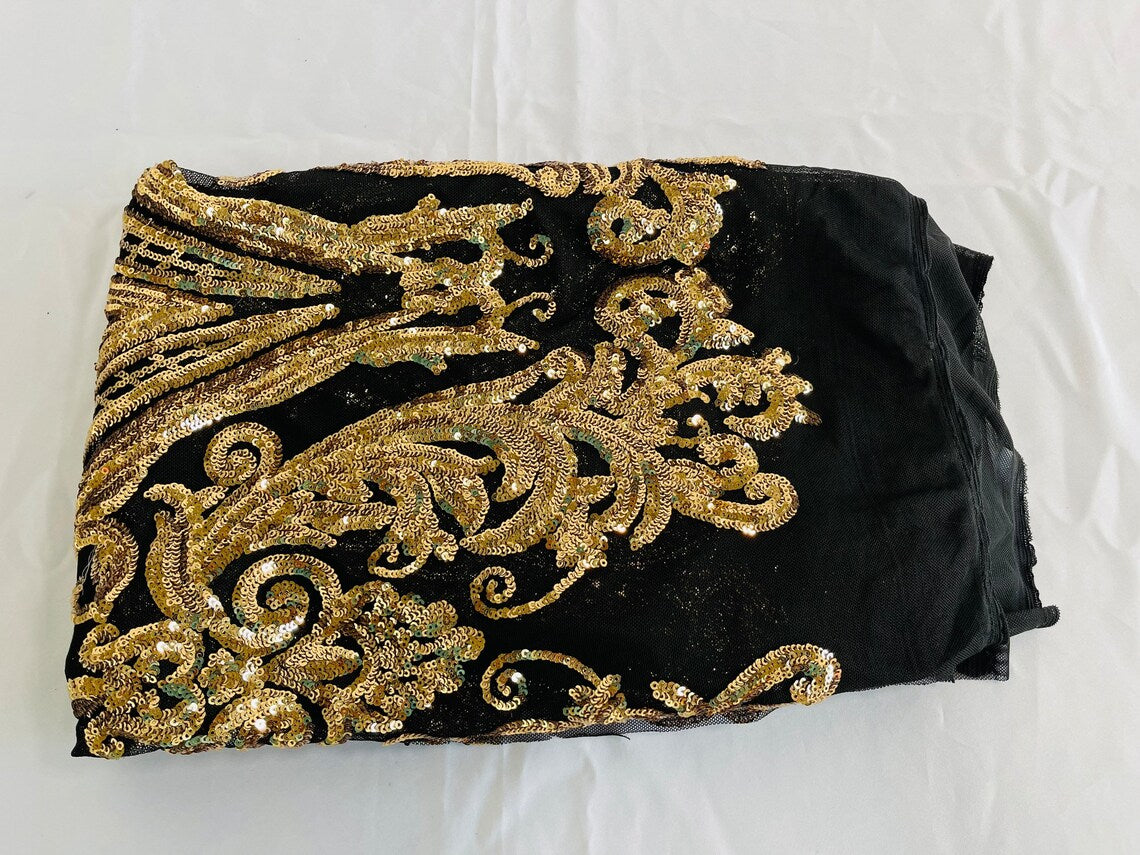 Big Damask 4 Way Sequins - Gold on Black - Embroidered Damask Design Sequins Fabric Sold By Yard