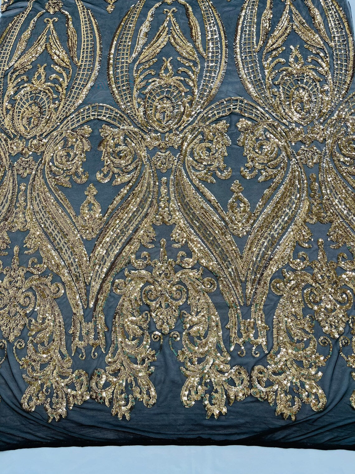 Big Damask 4 Way Sequins - Gold on Black - Embroidered Damask Design Sequins Fabric Sold By Yard