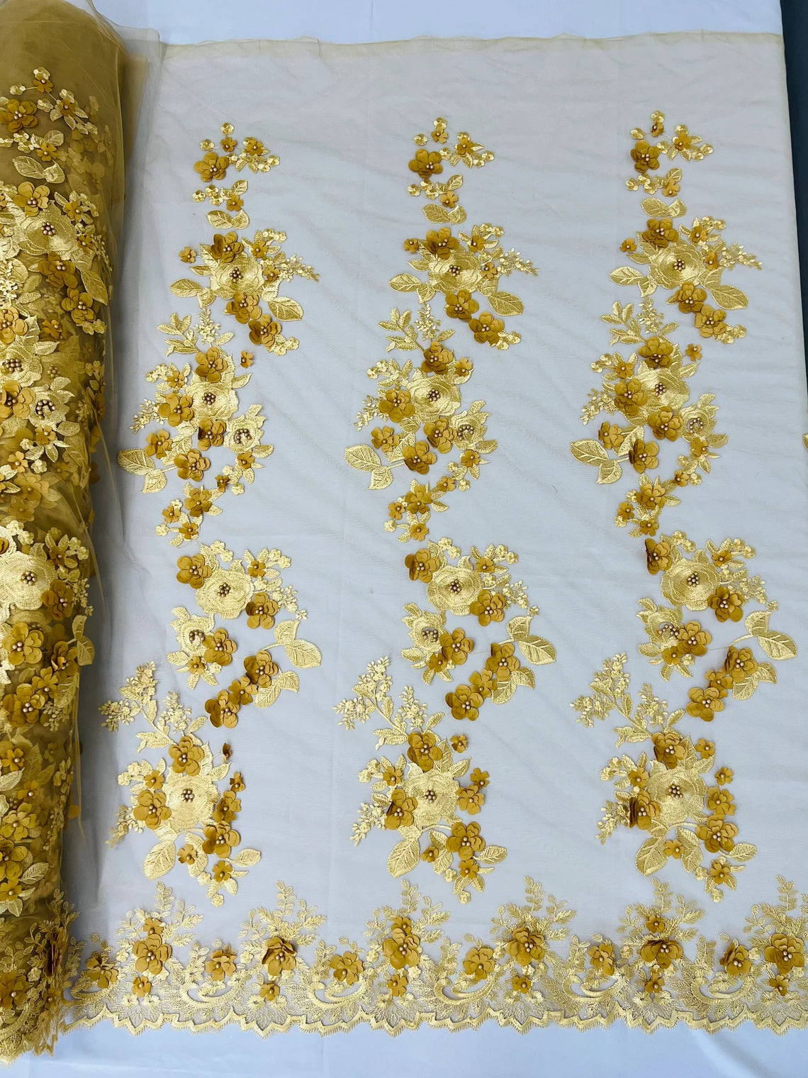 3D Flower Panels Fabric - Gold - Flower Panels Bead Embroidered on Lace Fabric Sold By Yard