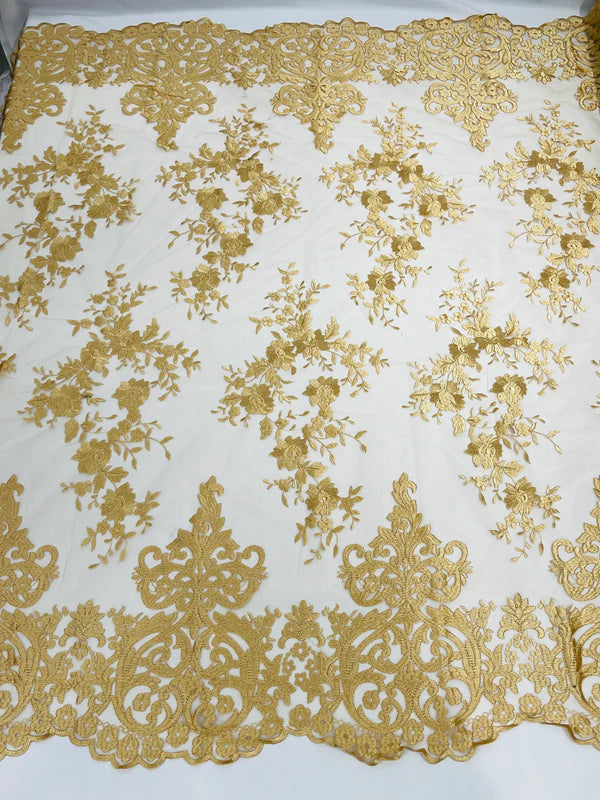 Damask Design Lace Fabric - Gold - Embroidered Damask Fancy Beautiful Design Lace Fabric By Yard