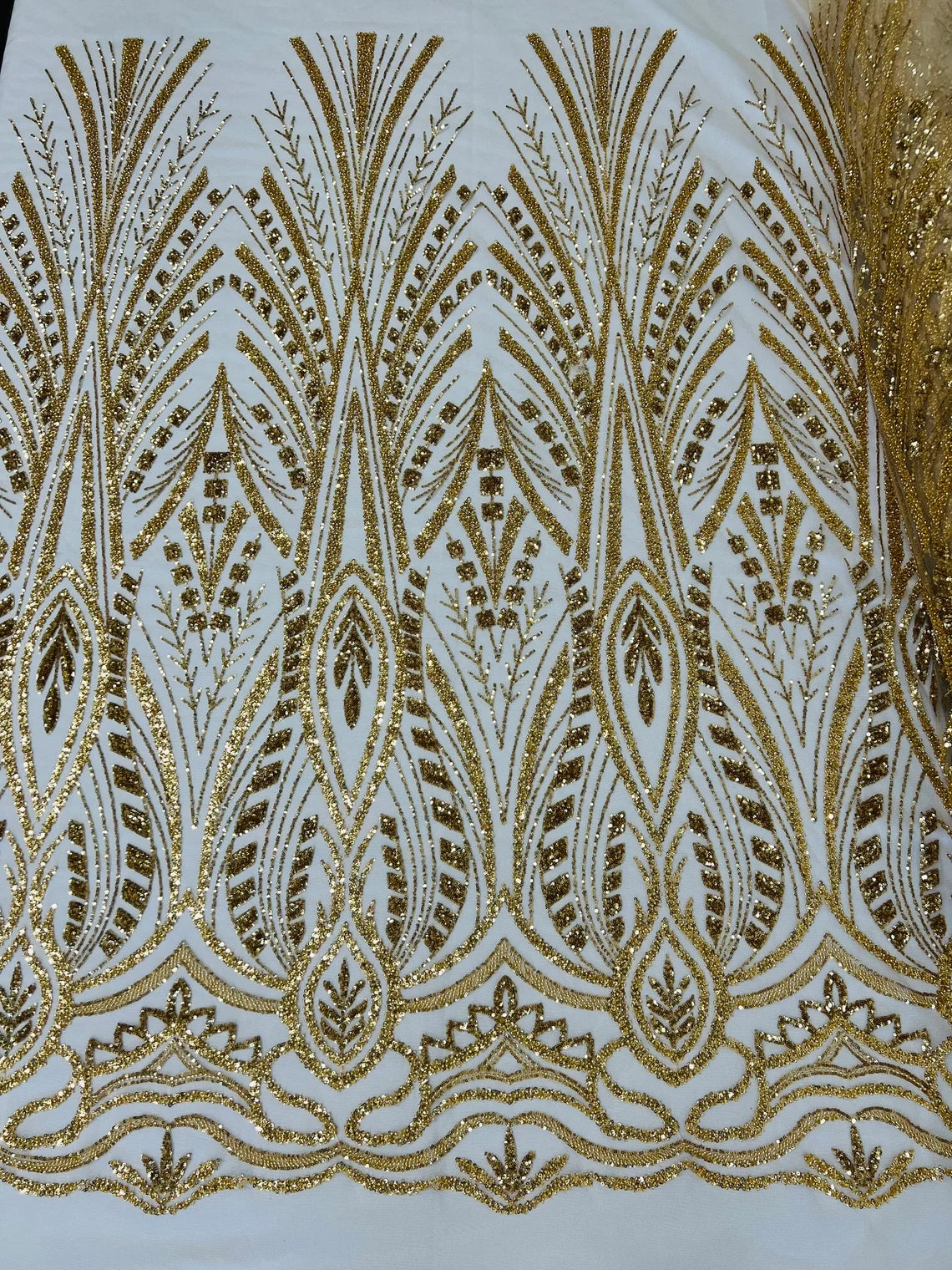 Geometric Beaded Fabric - Gold - Embroidered Beaded Geometric Shape Design Fabric By Yard