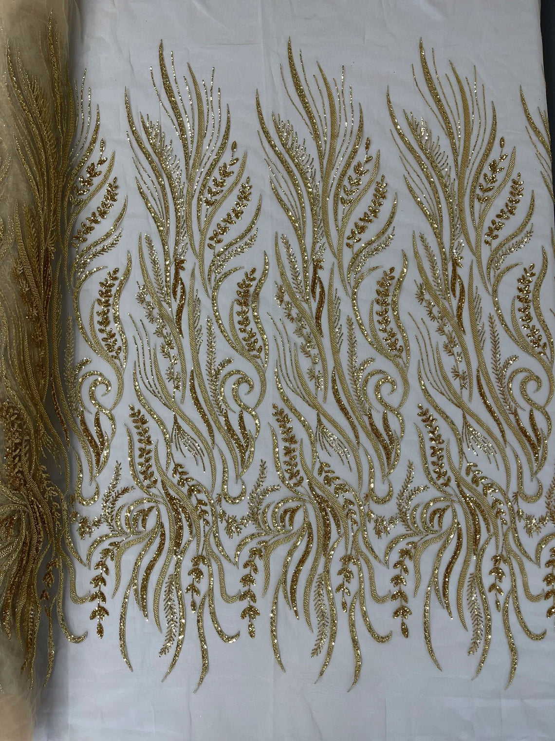 Sea Plants Design Bead Fabric - Gold - Embroidered Beaded Seaweed Design Fabric By Yard