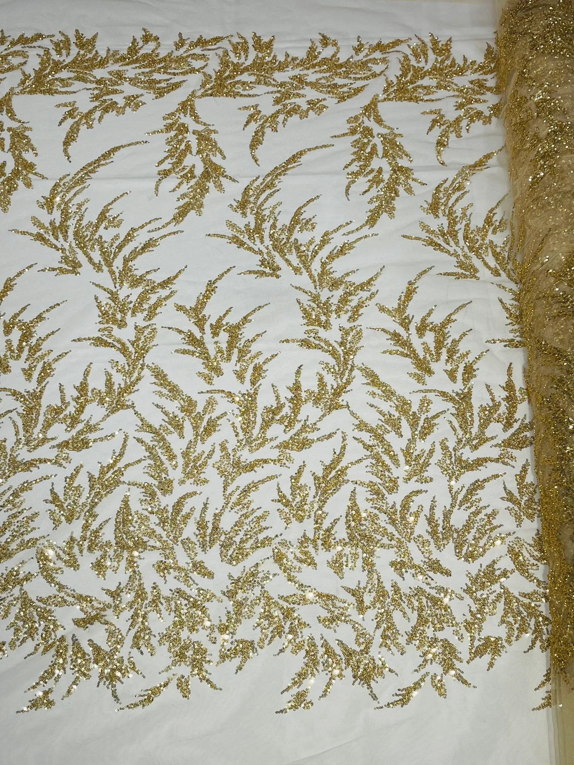 Long Leaf Plant Design Fabric - Gold - Beaded Nature Leaf Sequins Design Fabric By Yard