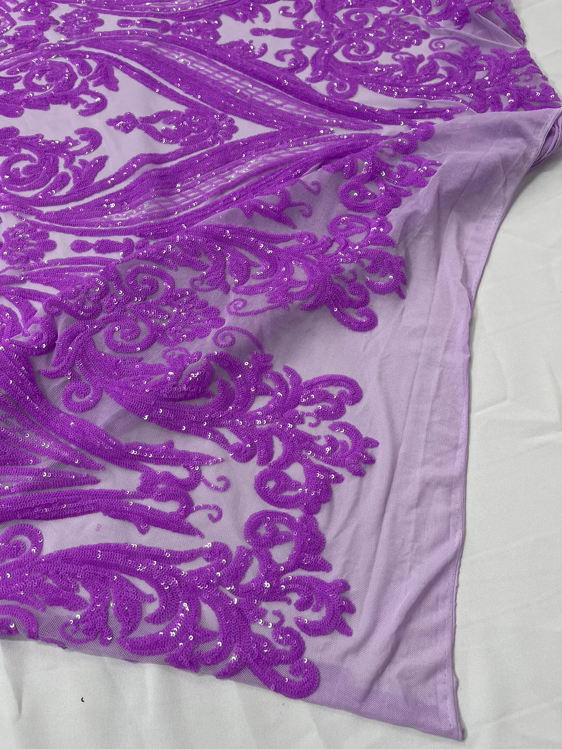 Big Damask 4 Way Sequins - Grape - Embroidered Damask Design Sequins Fabric Sold By Yard