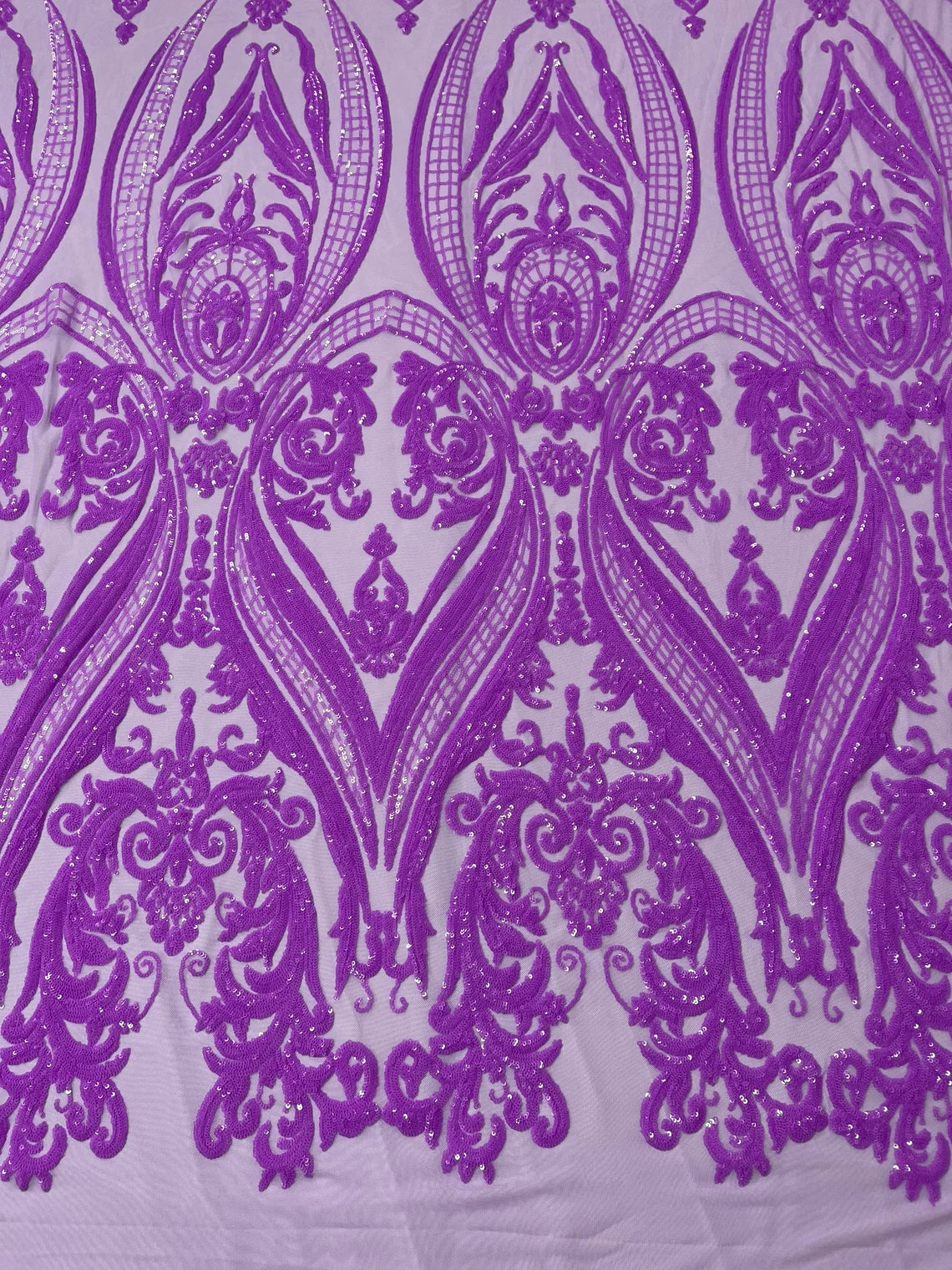 Big Damask 4 Way Sequins - Grape - Embroidered Damask Design Sequins Fabric Sold By Yard