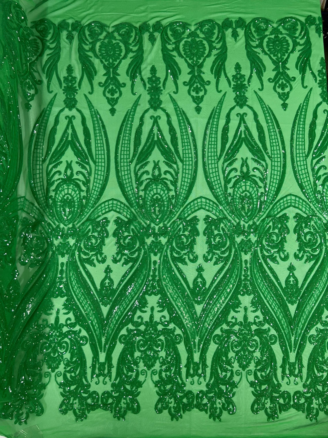 Big Damask 4 Way Sequins - Green - Embroidered Damask Design Sequins Fabric Sold By Yard