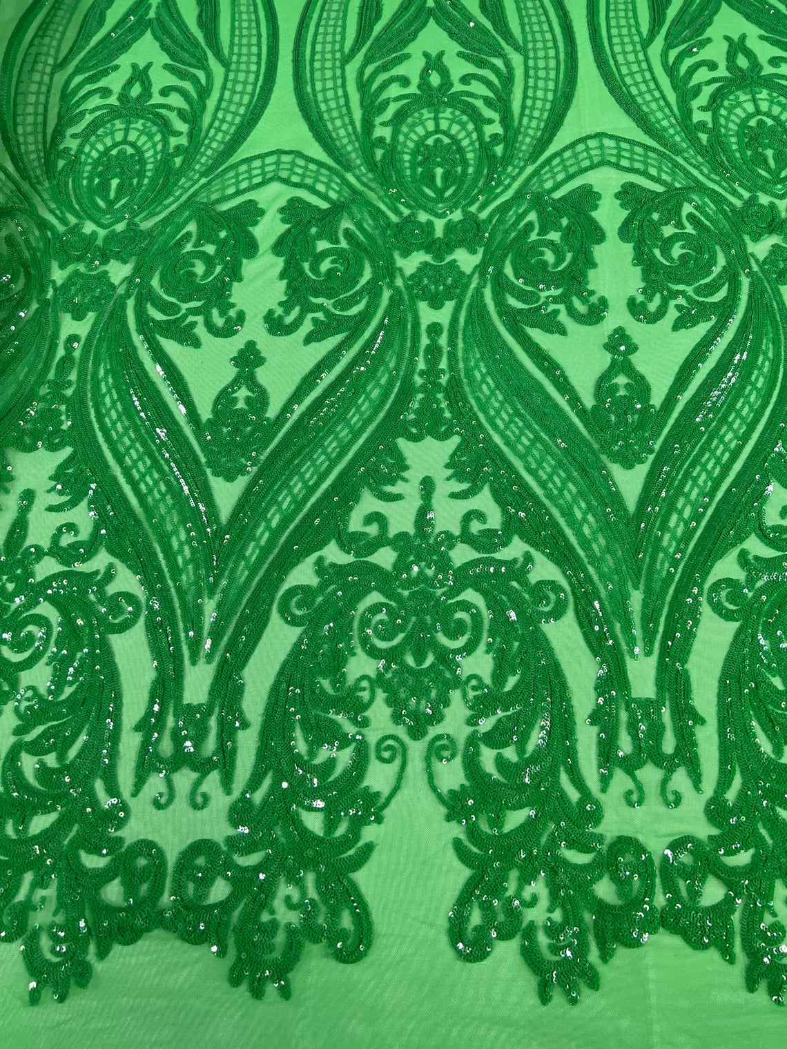 Big Damask 4 Way Sequins - Green - Embroidered Damask Design Sequins Fabric Sold By Yard