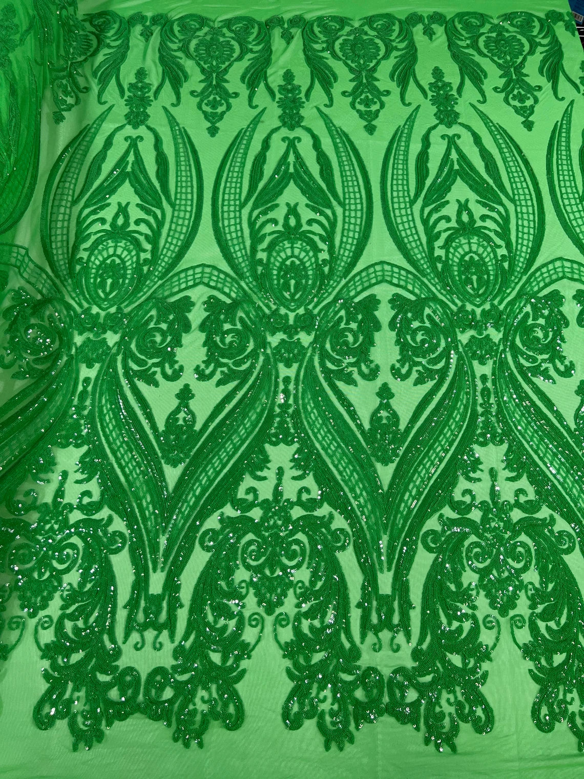 Big Damask 4 Way Sequins - Green - Embroidered Damask Design Sequins Fabric Sold By Yard