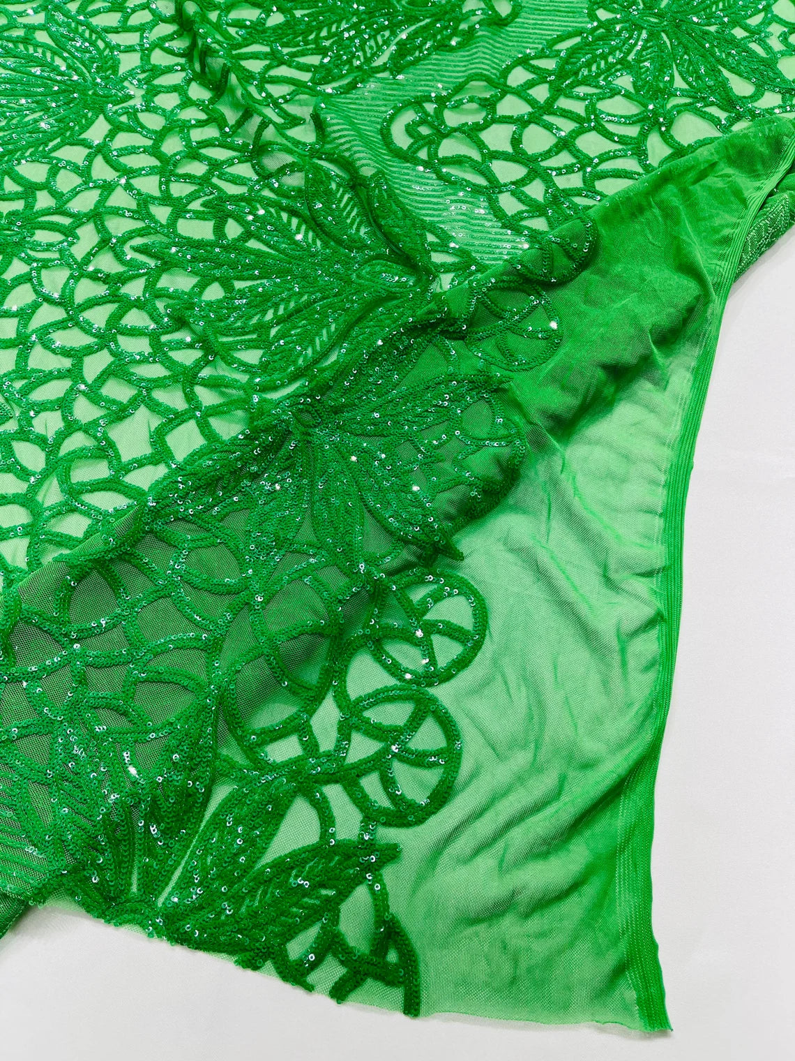 Gorgeous Star Leaf Fabric - Green - Leaf Design Embroidered 4 Way Stretch Sequins Fabric By Yard