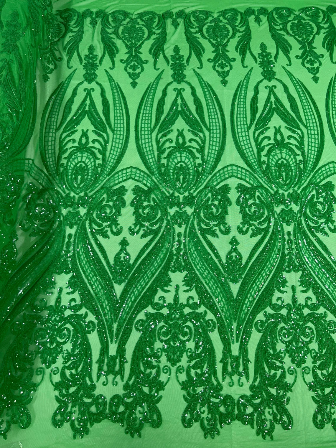 Big Damask 4 Way Sequins - Green - Embroidered Damask Design Sequins Fabric Sold By Yard