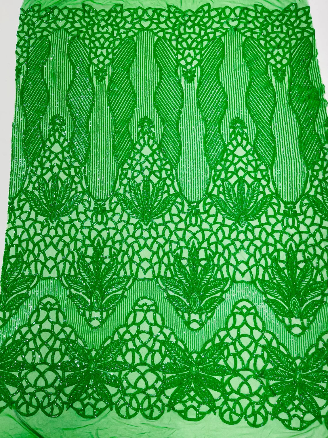 Gorgeous Star Leaf Fabric - Green - Leaf Design Embroidered 4 Way Stretch Sequins Fabric By Yard