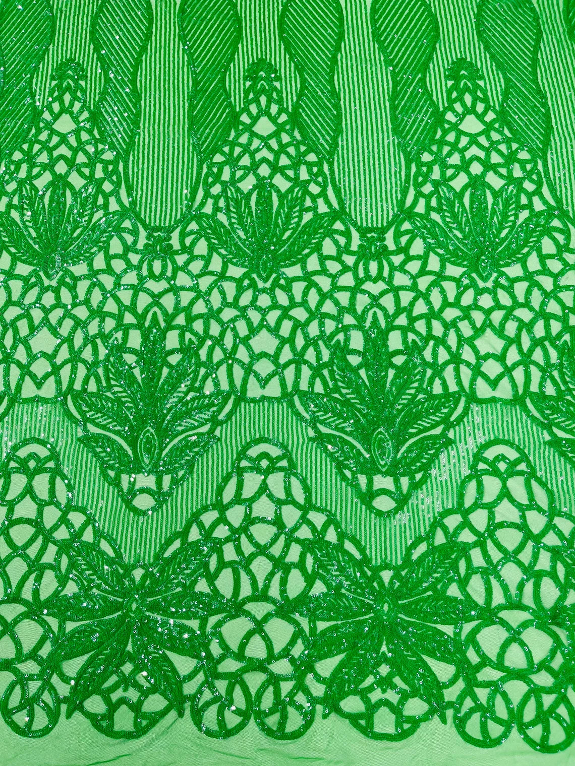 Gorgeous Star Leaf Fabric - Green - Leaf Design Embroidered 4 Way Stretch Sequins Fabric By Yard