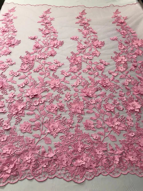 3D Floral Princess Fabric - Gum Pink - Embroidered Floral Lace Fabric with 3D Flowers By Yard
