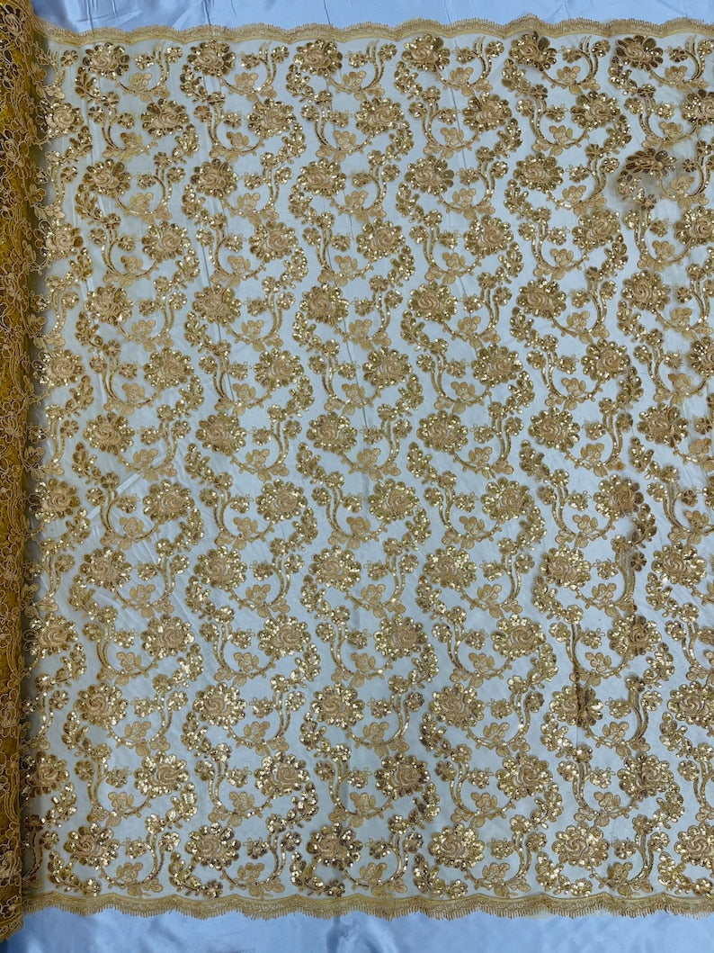 Flower Lace Sequins Fabric - Metallic Gold - Embroidery Floral Design Lace Fabric By Yard