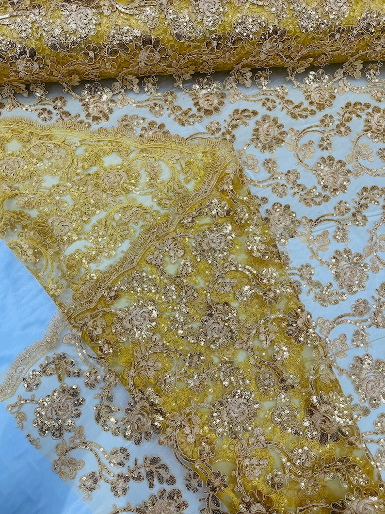 Flower Lace Sequins Fabric - Metallic Gold - Embroidery Floral Design Lace Fabric By Yard