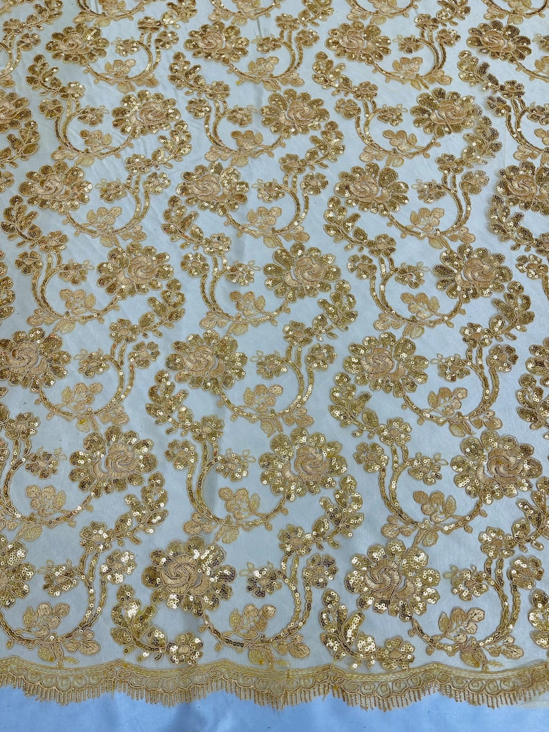 Flower Lace Sequins Fabric - Metallic Gold - Embroidery Floral Design Lace Fabric By Yard