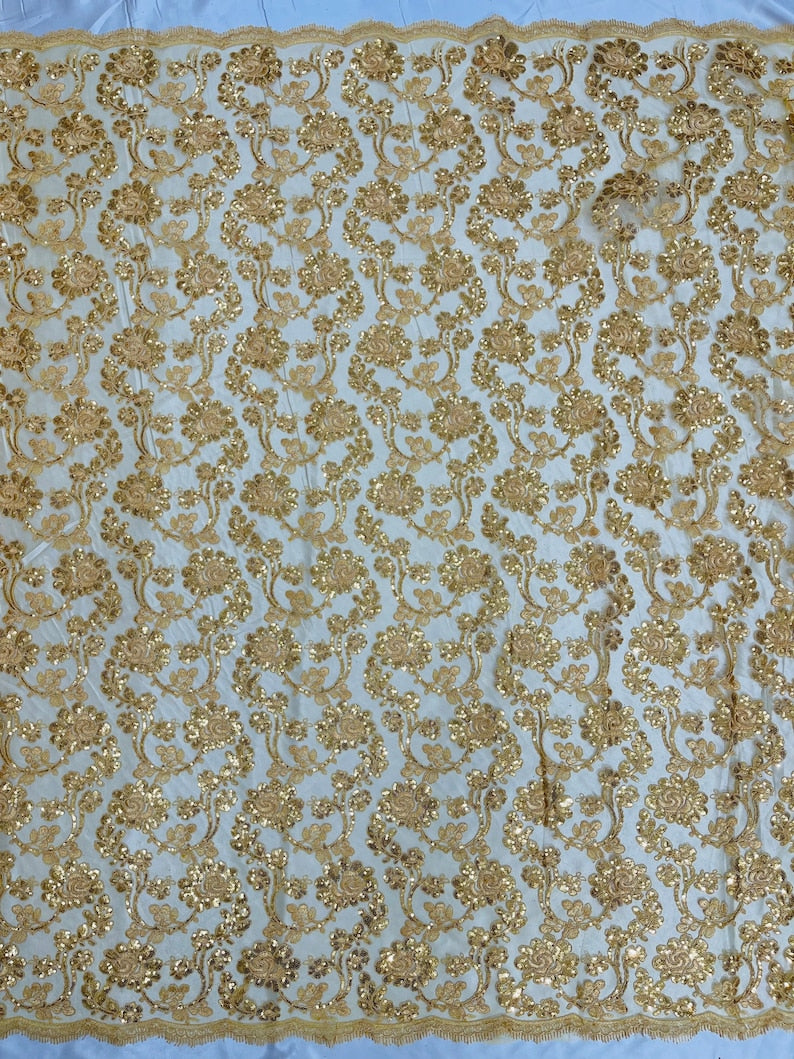 Flower Lace Sequins Fabric - Metallic Gold - Embroidery Floral Design Lace Fabric By Yard