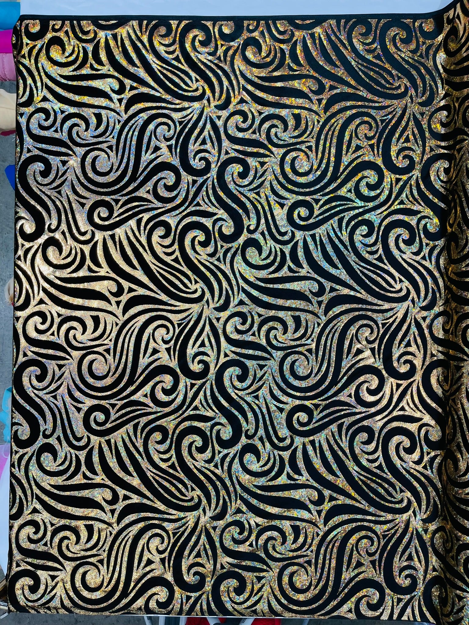 Holographic Foil Tribal Flame Design On A Stretch Velvet Fabric. Sold By The Yard