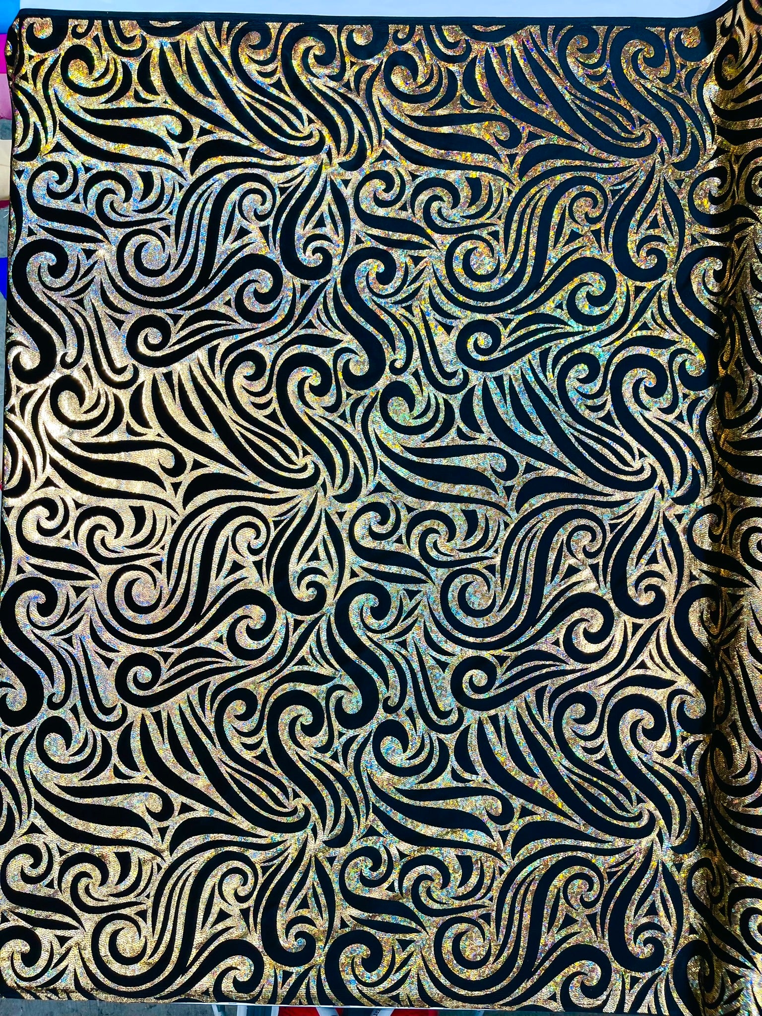 Holographic Foil Tribal Flame Design On A Stretch Velvet Fabric. Sold By The Yard