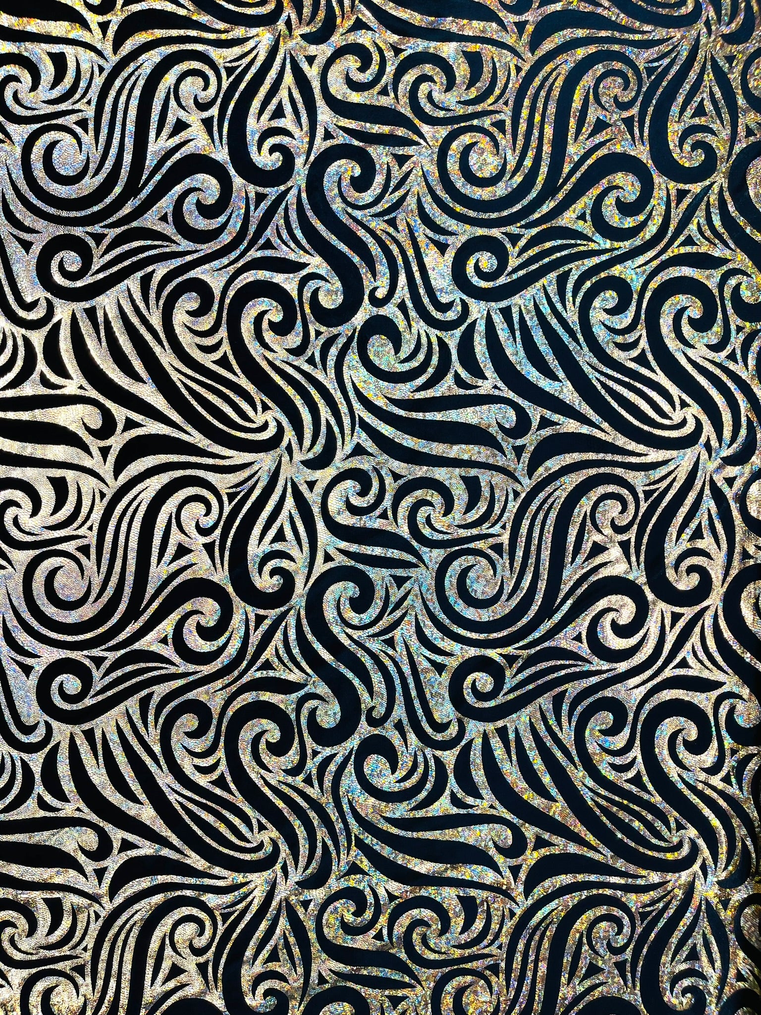 Holographic Foil Tribal Flame Design On A Stretch Velvet Fabric. Sold By The Yard