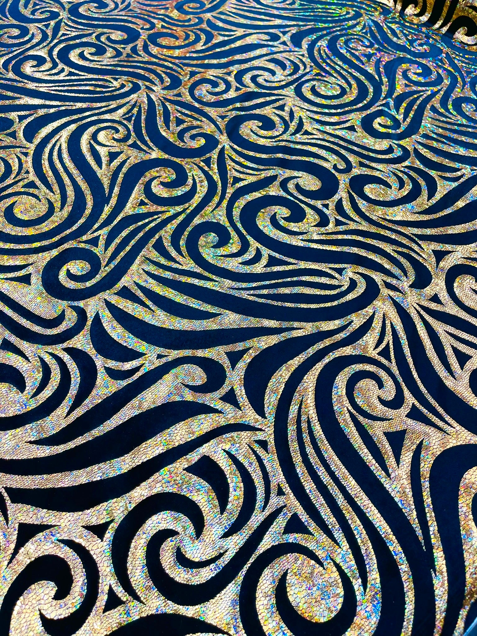 Holographic Foil Tribal Flame Design On A Stretch Velvet Fabric. Sold By The Yard