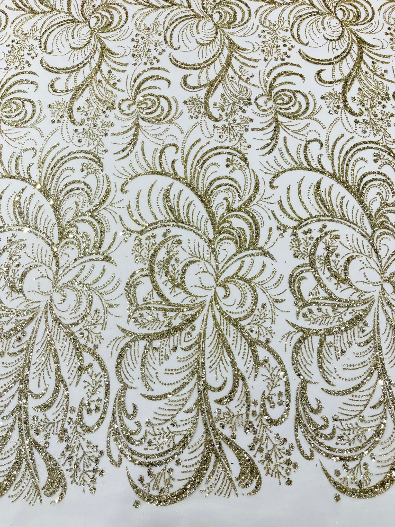 Palm Glitter Vine Design On A Mesh Lace Fabric 58"' Wide Prom.