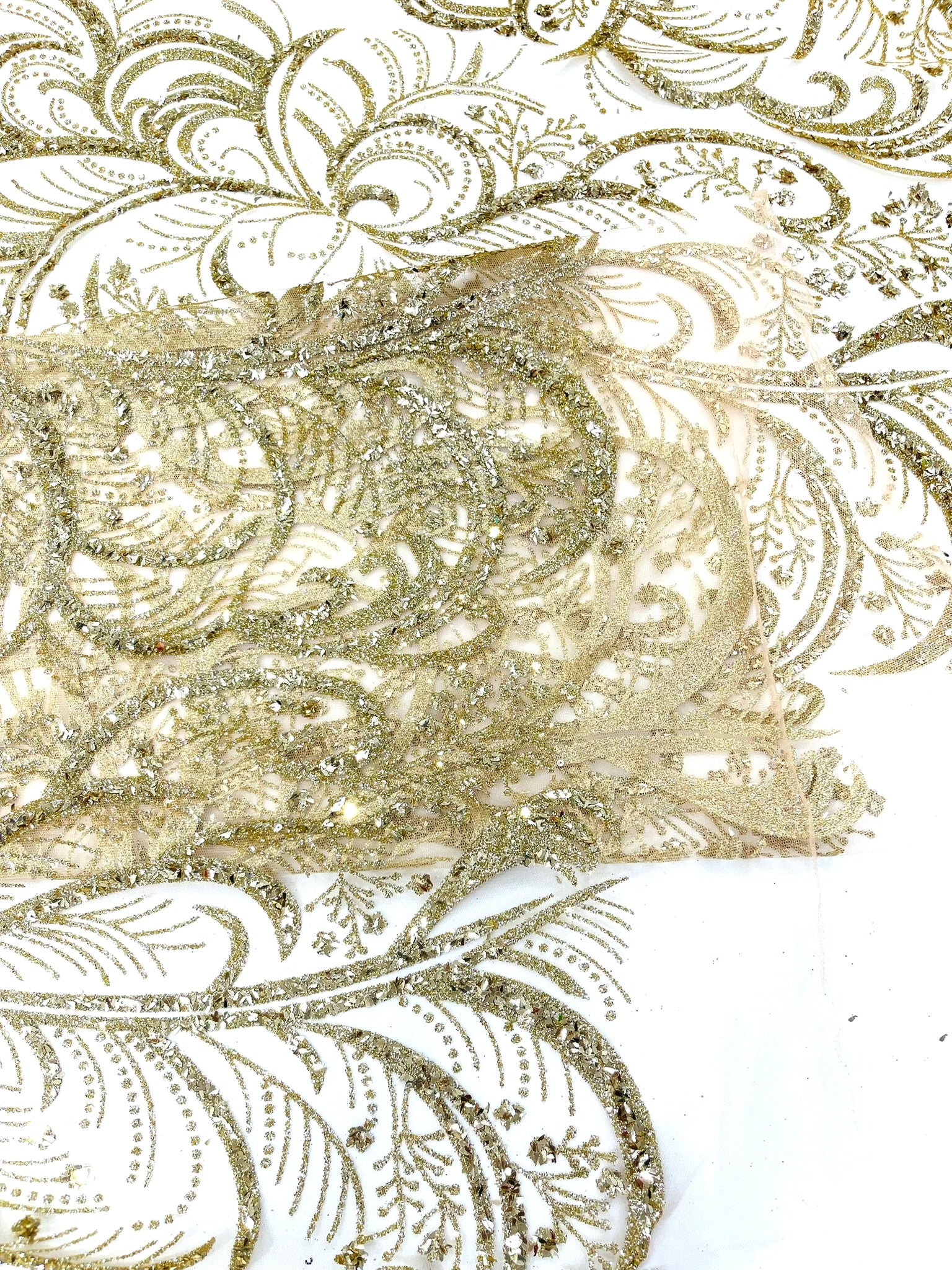 Palm Glitter Vine Design On A Mesh Lace Fabric 58"' Wide Prom.