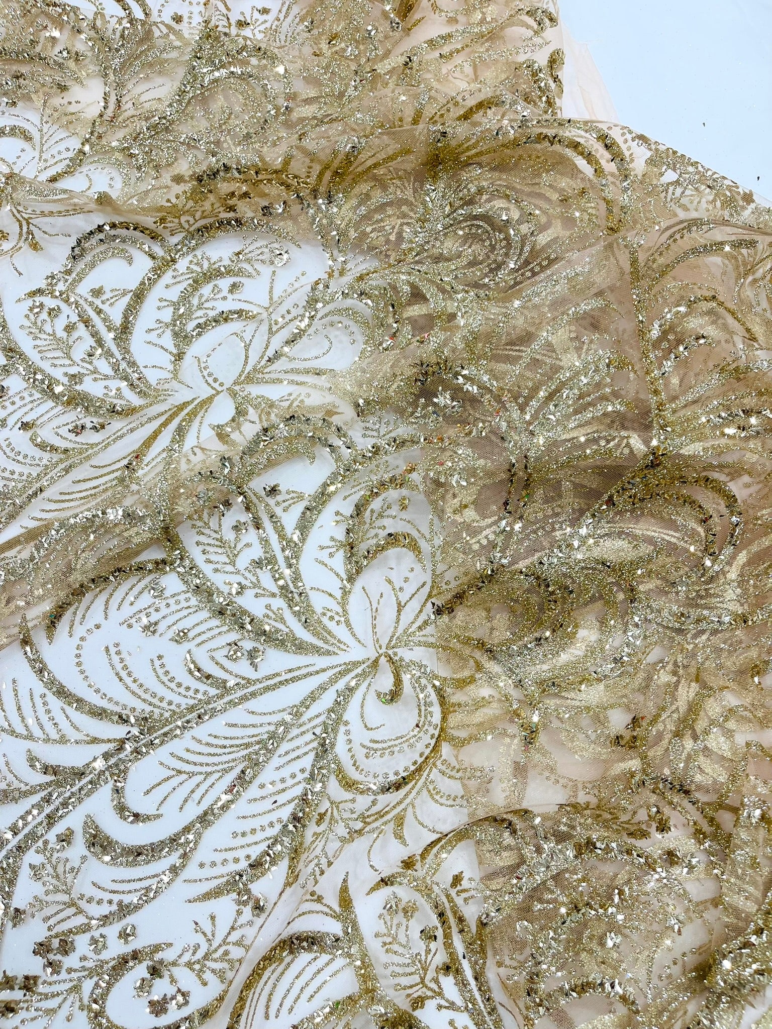 Palm Glitter Vine Design On A Mesh Lace Fabric 58"' Wide Prom.