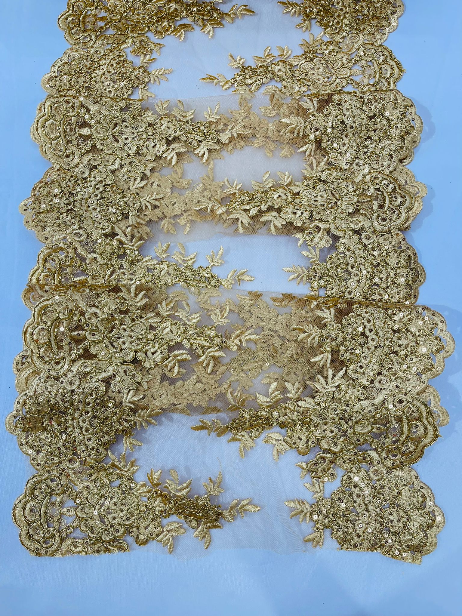 14" WIDE SEQUINS METALLIC EMBROIDERED LACE ON MESH, TABLE RUNNER. (by the yard)