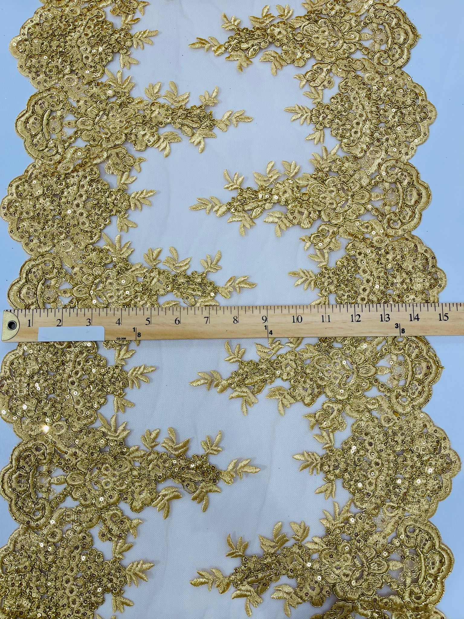 14" WIDE SEQUINS METALLIC EMBROIDERED LACE ON MESH, TABLE RUNNER. (by the yard)