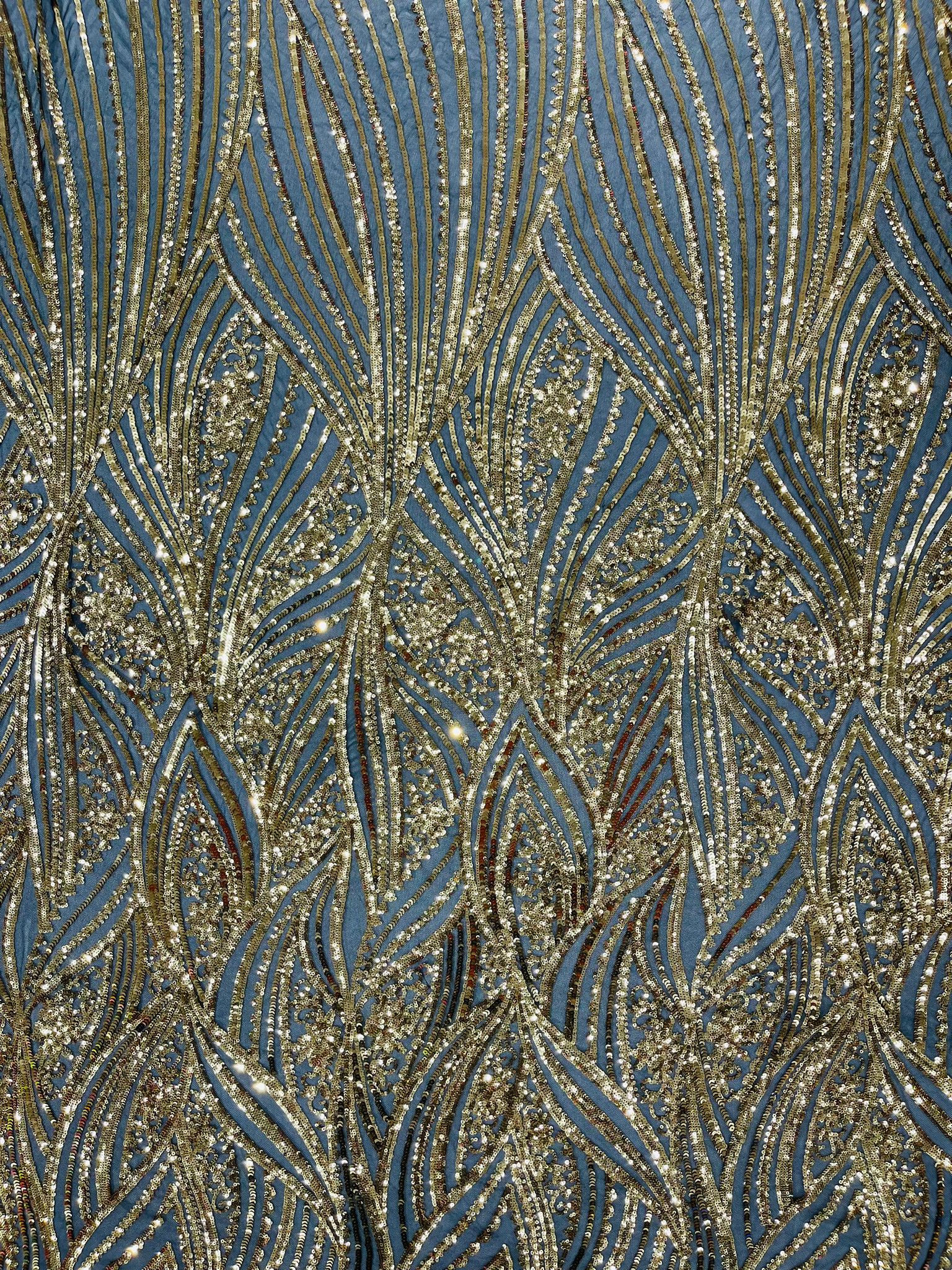 Geometric Feather wing shiny sequin design on a 4 way stretch mesh Fabric-prom-sold by the yard.