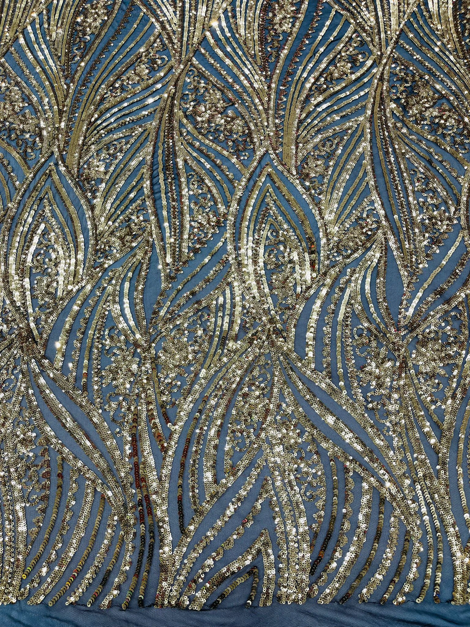 Geometric Feather wing shiny sequin design on a 4 way stretch mesh Fabric-prom-sold by the yard.