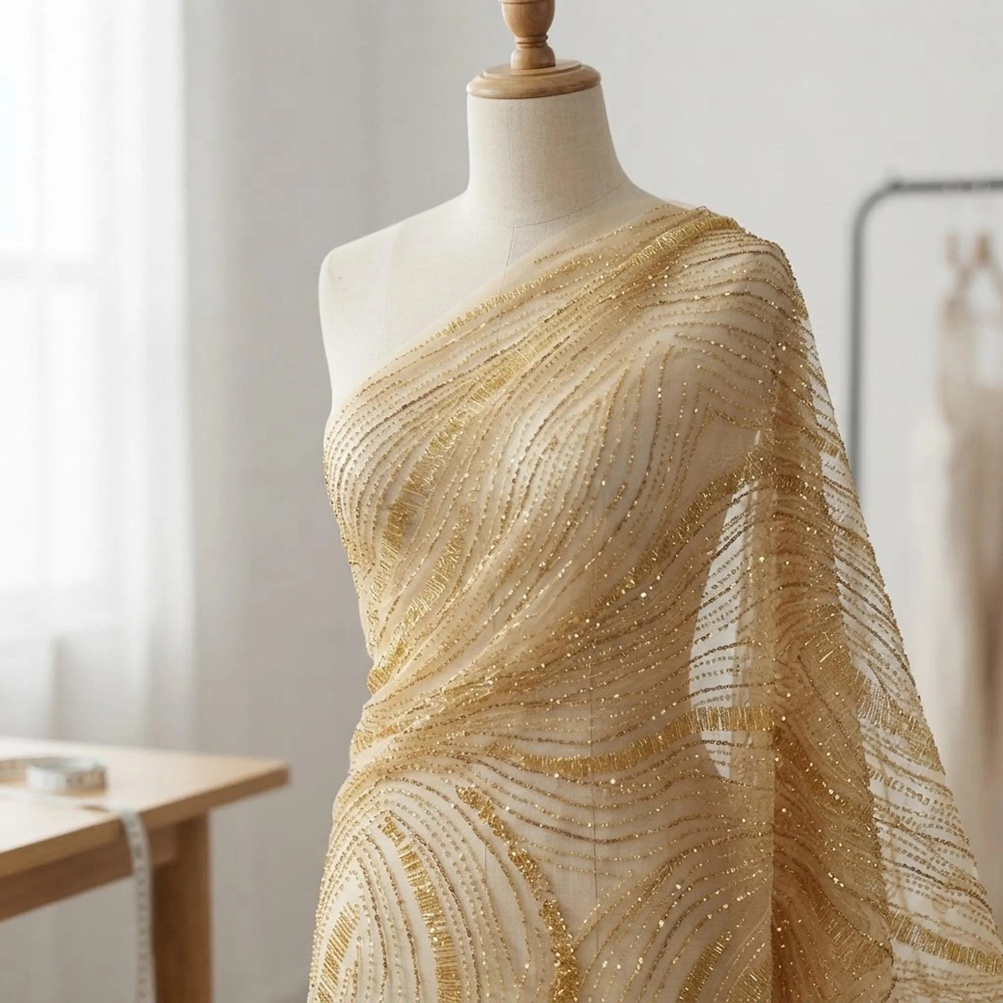 Luxury Wave Beaded Lace Fabric| Prom| Wedding| By The Yard.