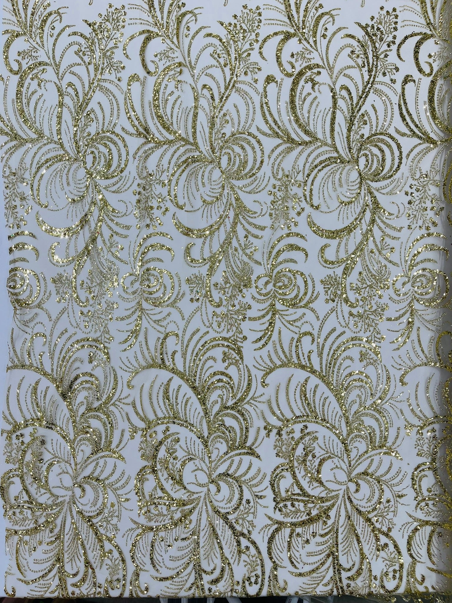 Palm Glitter Vine Design On A Mesh Lace Fabric 58"' Wide Prom.