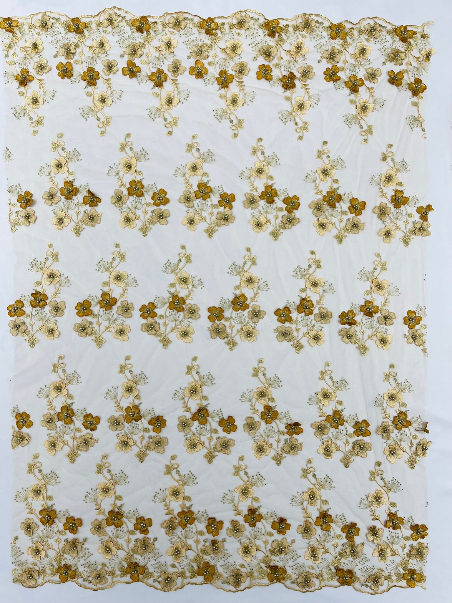 Multi Color 3D Floral design embroider with pearls in a mesh lace fabric -Sold by the yard