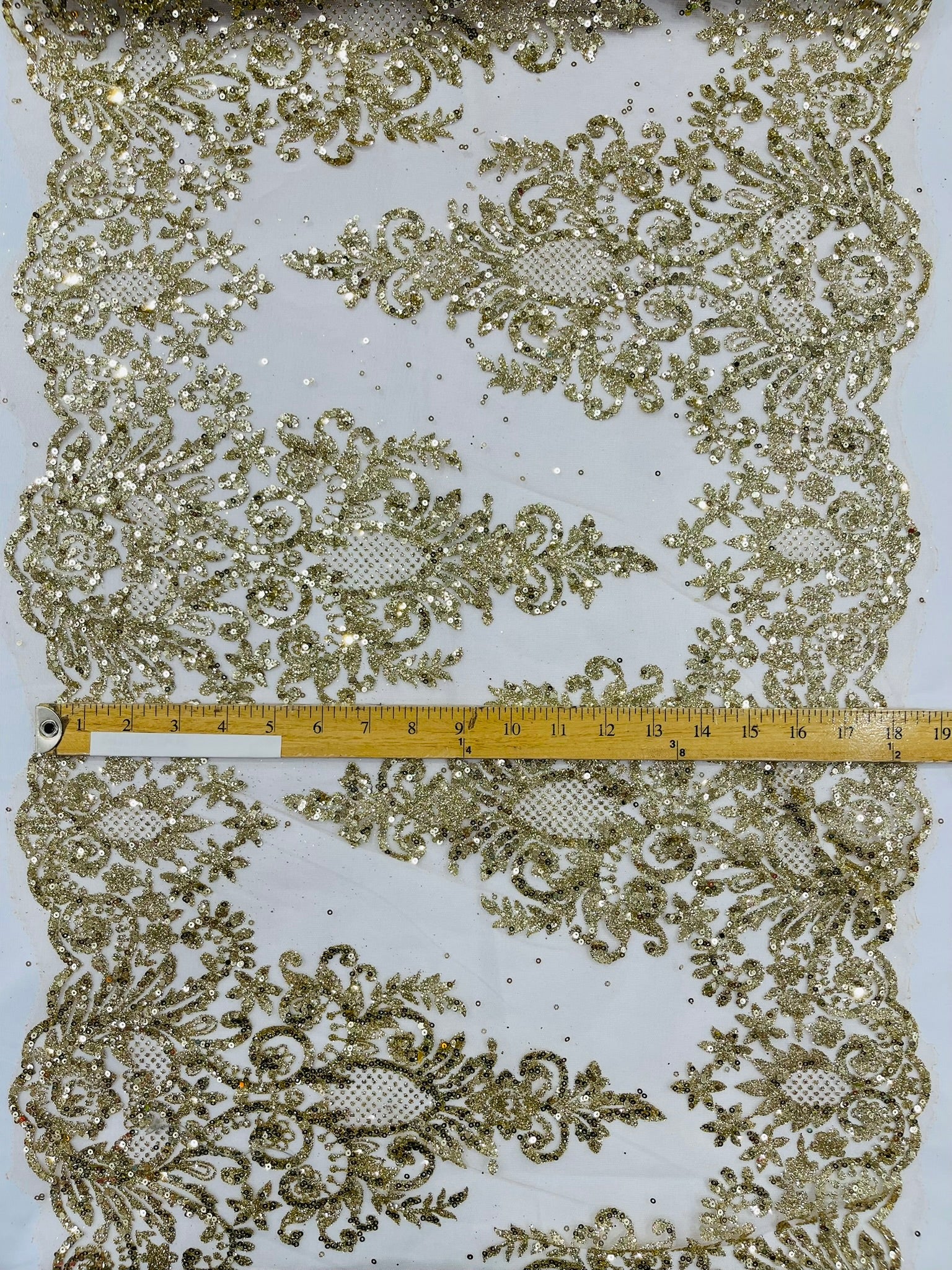 20" Wide Trim Glitter Damask Design On A Mesh Lace| Sold by the yard