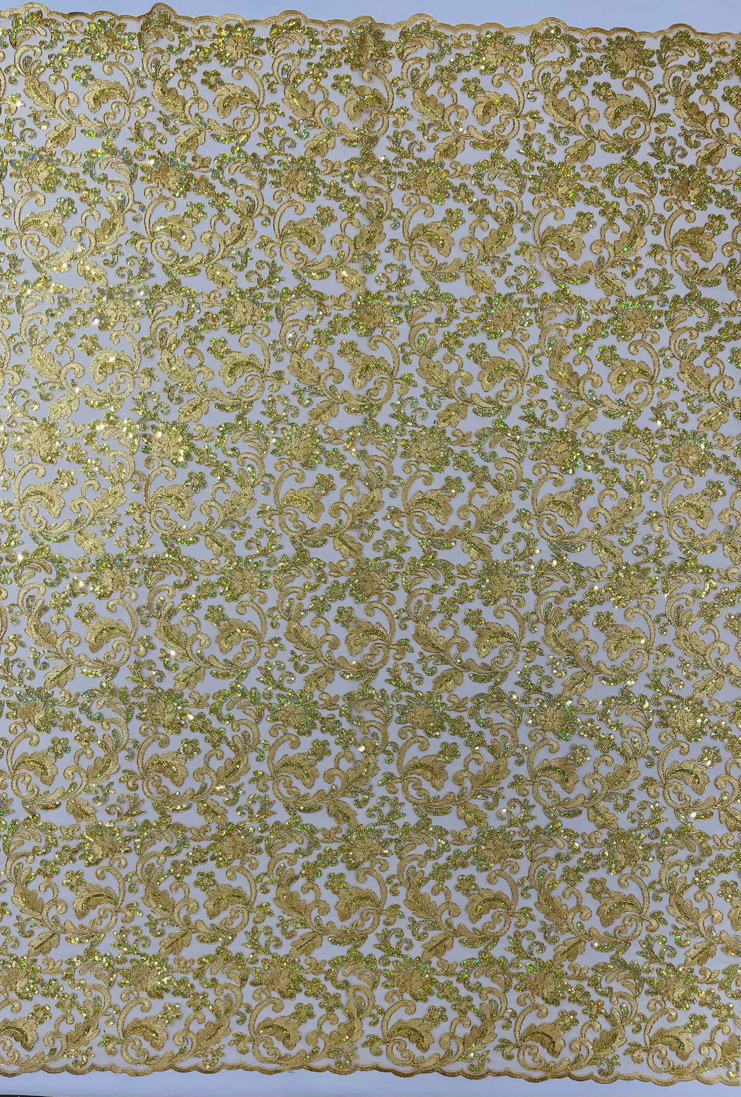 Metallic Corded Lace Design Embroidered With Holographic Sequins on a Mesh 54” Wide.