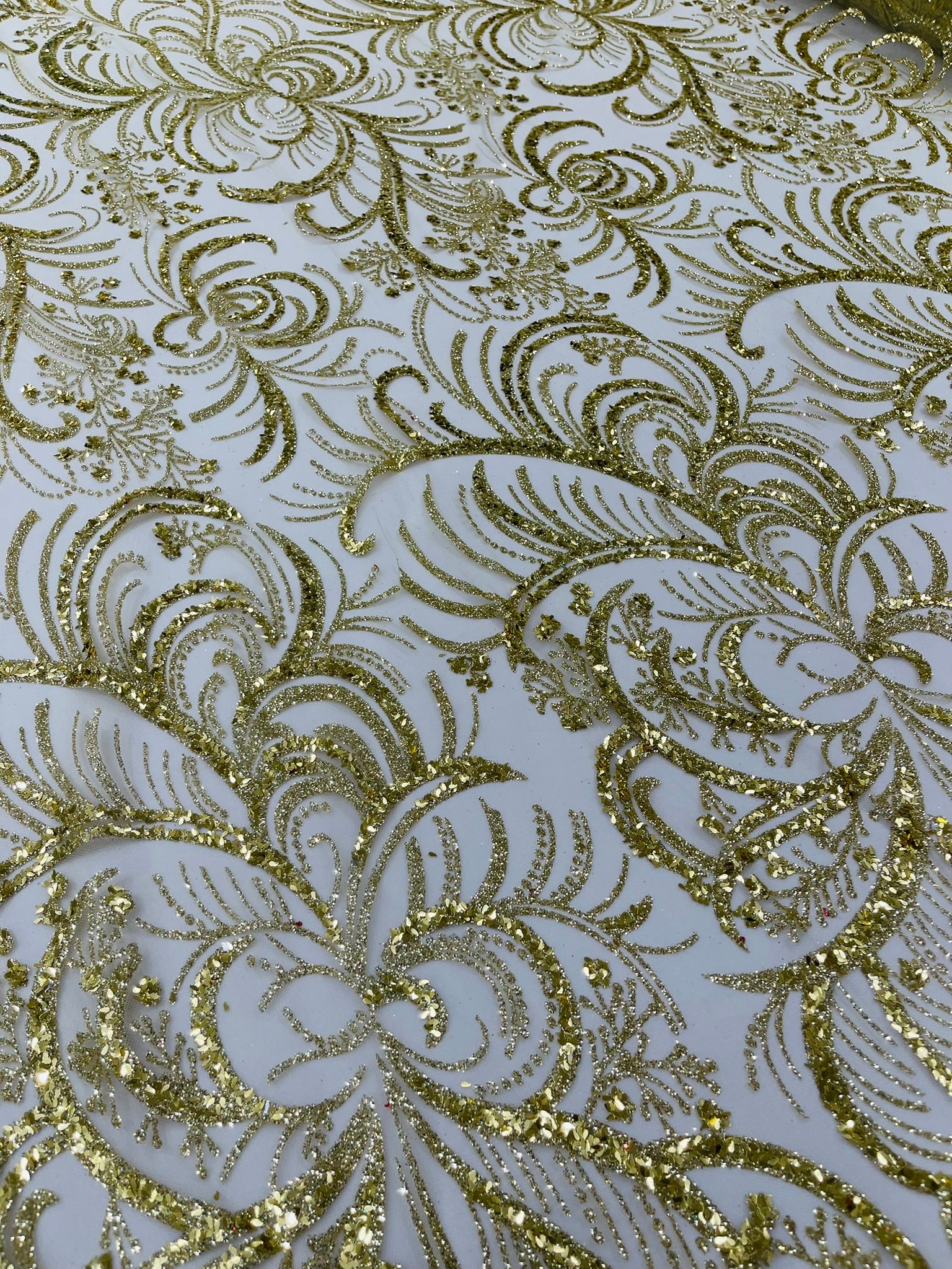 Palm Glitter Vine Design On A Mesh Lace Fabric 58"' Wide Prom.