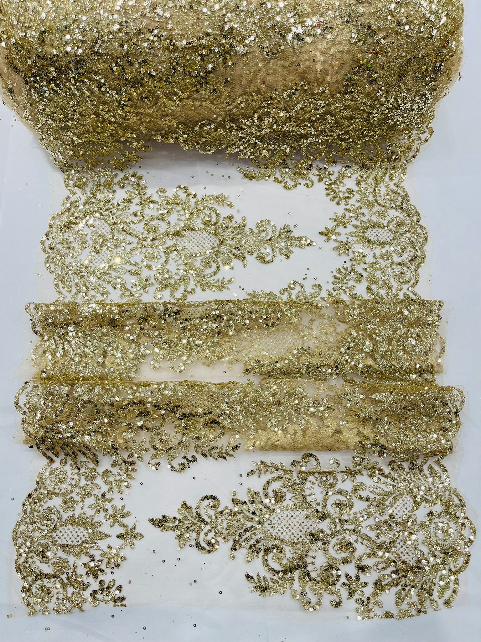 20" Wide Trim Glitter Damask Design On A Mesh Lace| Sold by the yard