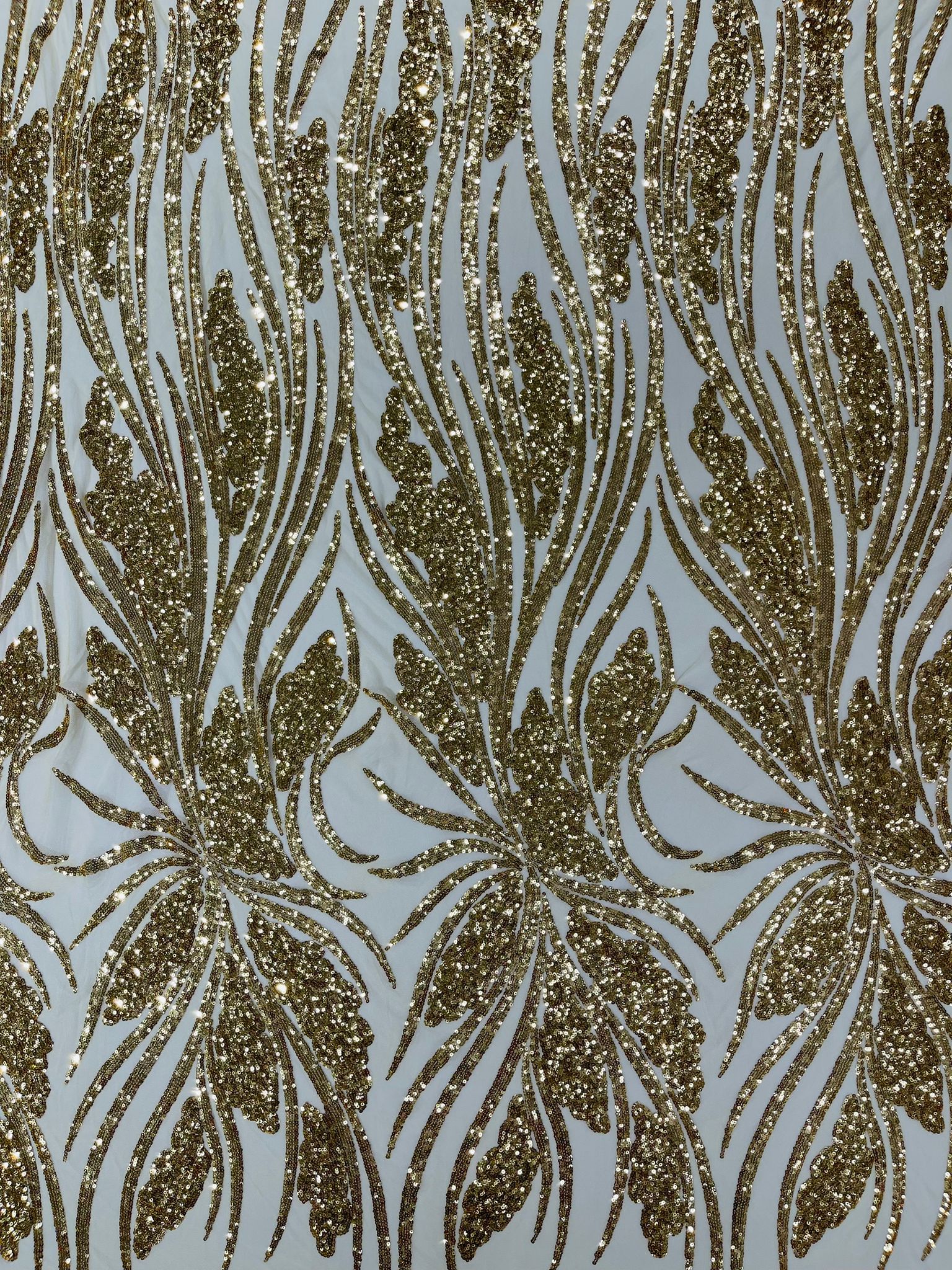 Feather damask shiny sequin design on a 4 way stretch White mesh Fabric-prom-sold by the yard.