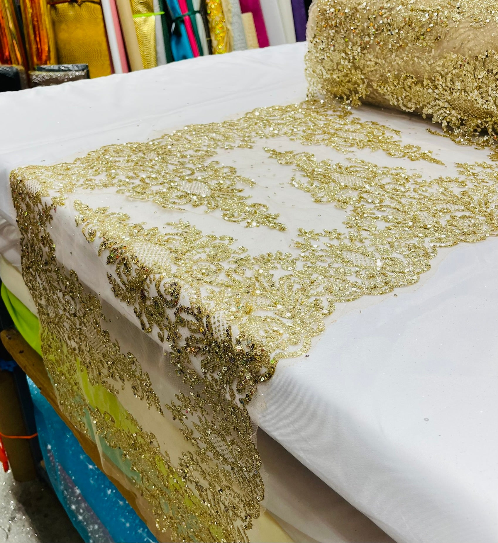 20" Wide Trim Glitter Damask Design On A Mesh Lace| Sold by the yard