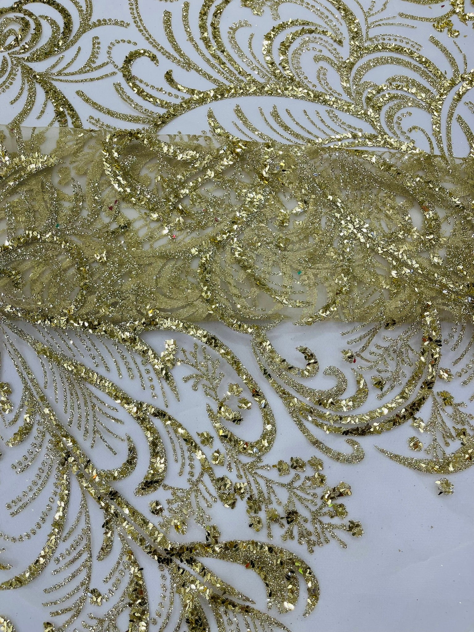 Palm Glitter Vine Design On A Mesh Lace Fabric 58"' Wide Prom.