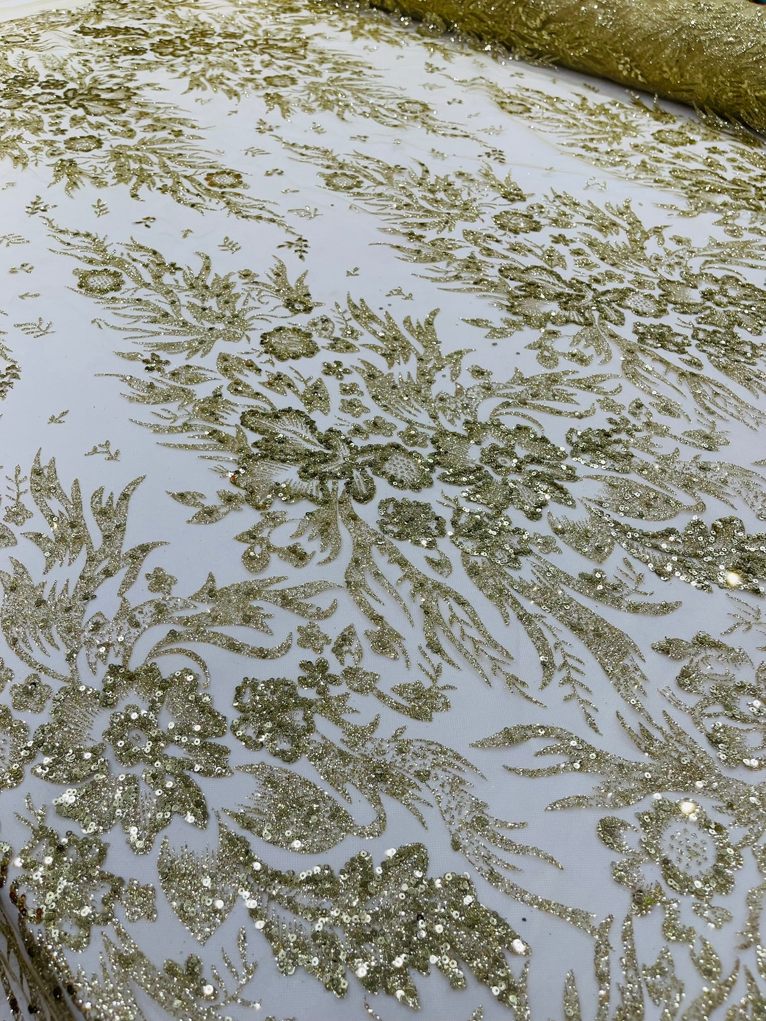 Big Glitter Damask Design On A Mesh Lace Fabric/Prom/Sold By The Yard