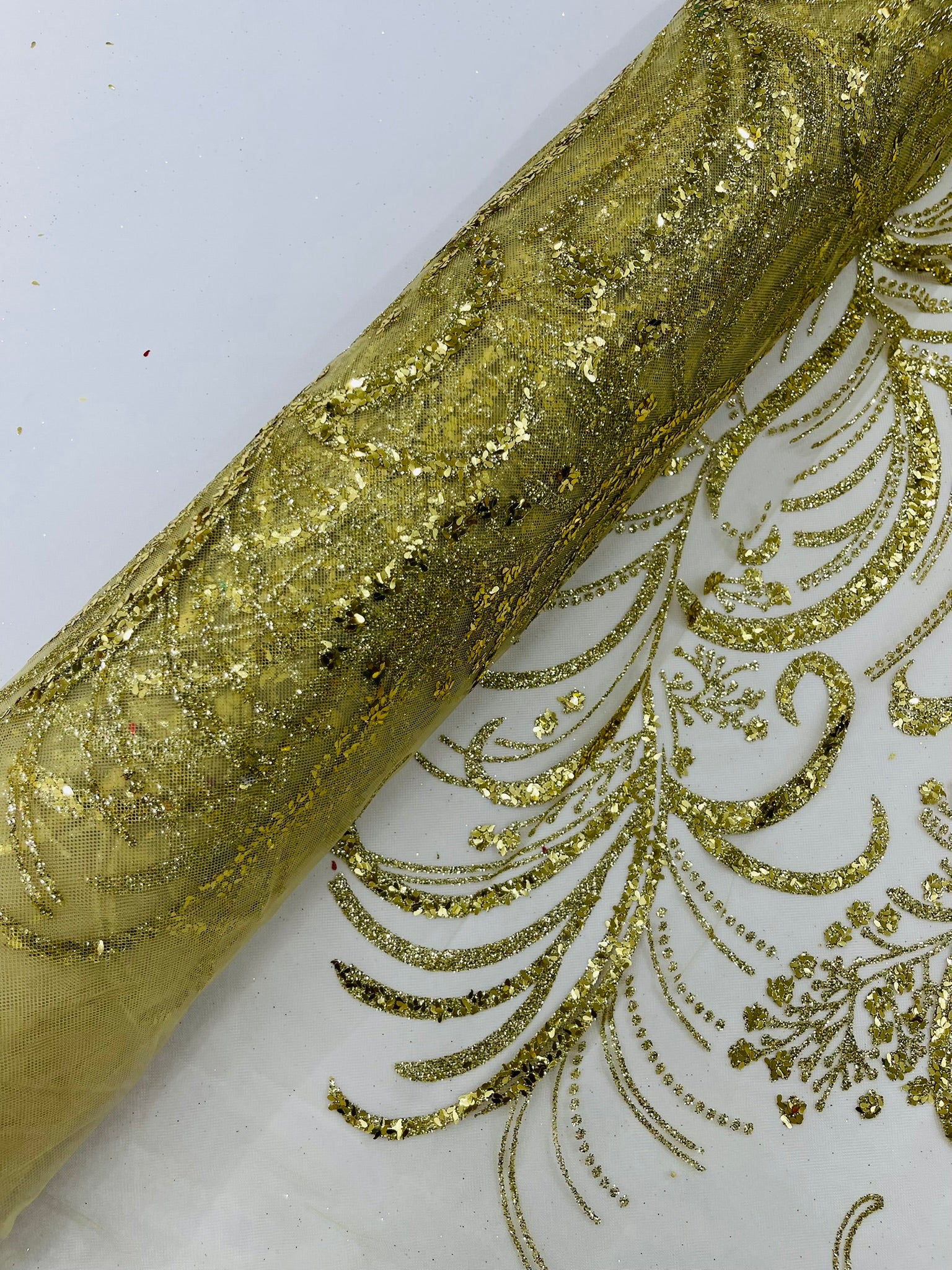 Palm Glitter Vine Design On A Mesh Lace Fabric 58"' Wide Prom.
