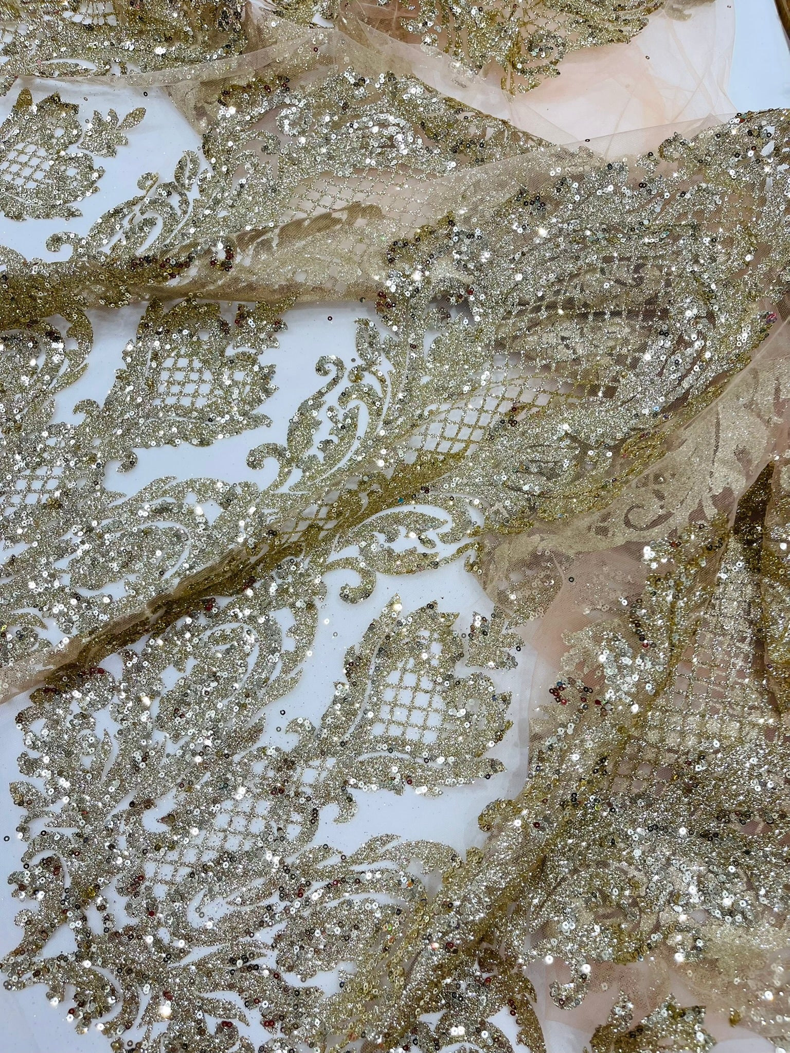 Glitter Tower Damask Design Fabric| 58” Wide| Quinsiañera Dresses.