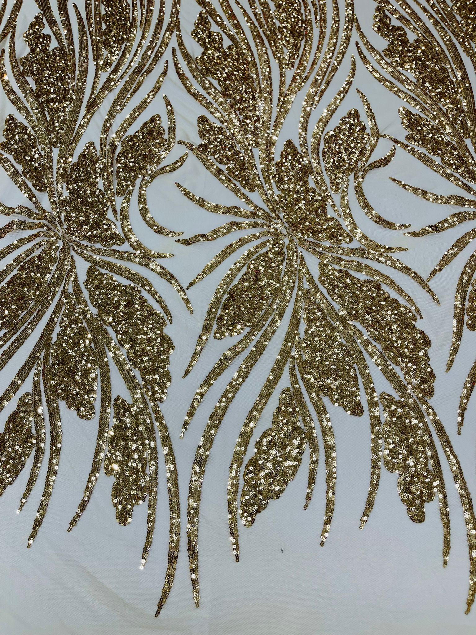 Feather damask shiny sequin design on a 4 way stretch White mesh Fabric-prom-sold by the yard.