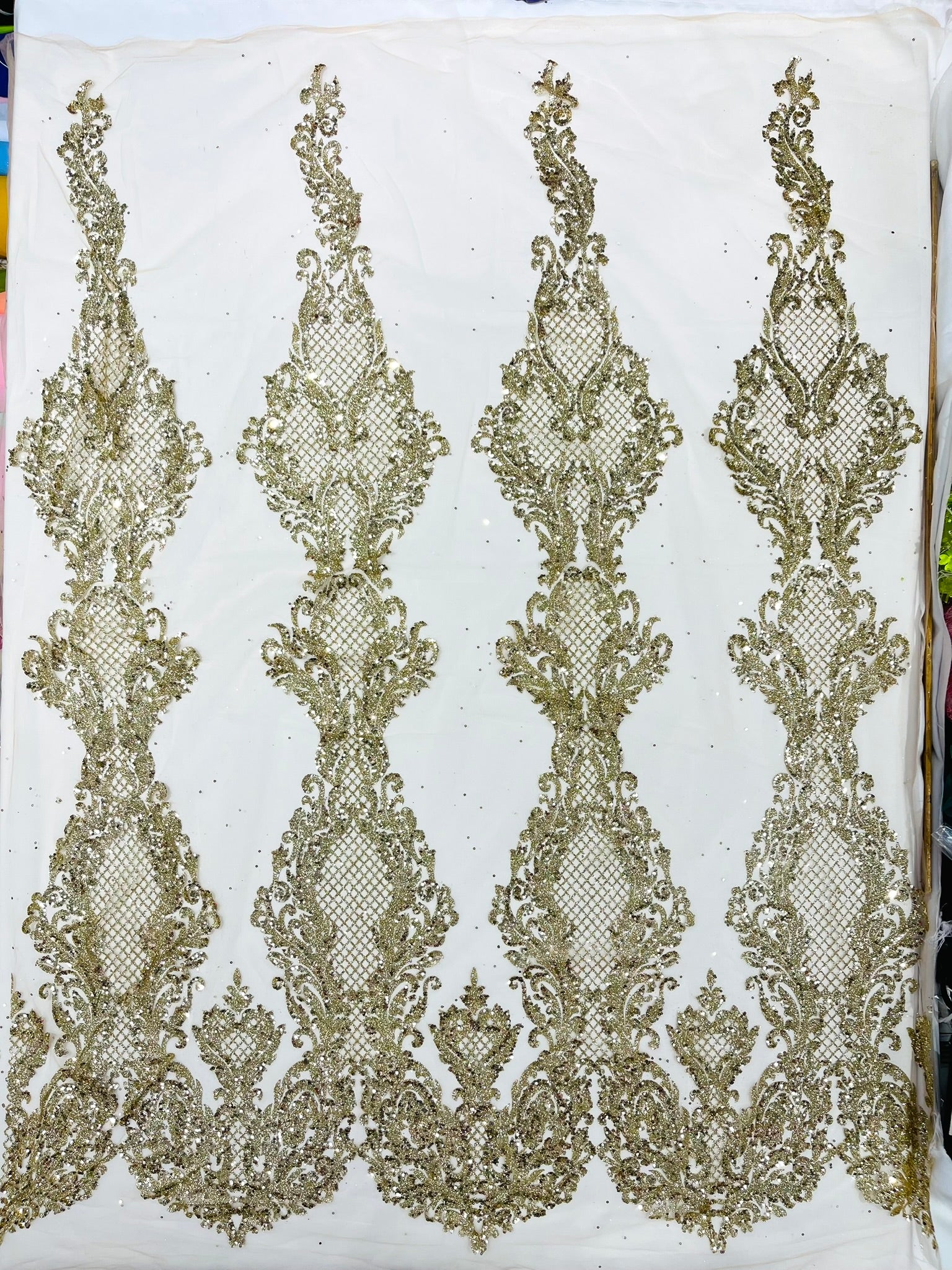 Glitter Tower Damask Design Fabric| 58” Wide| Quinsiañera Dresses.