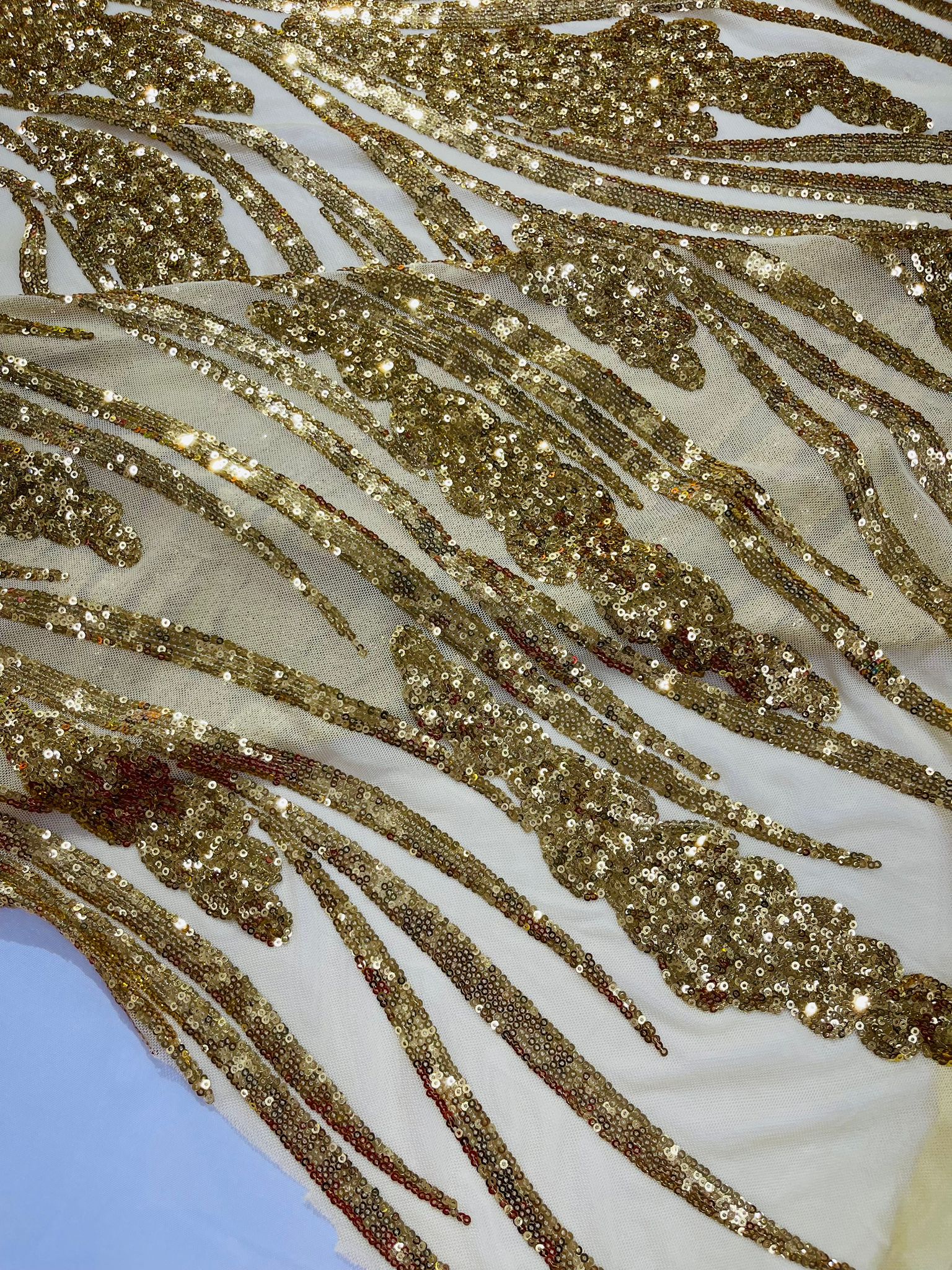 Feather damask shiny sequin design on a 4 way stretch White mesh Fabric-prom-sold by the yard.