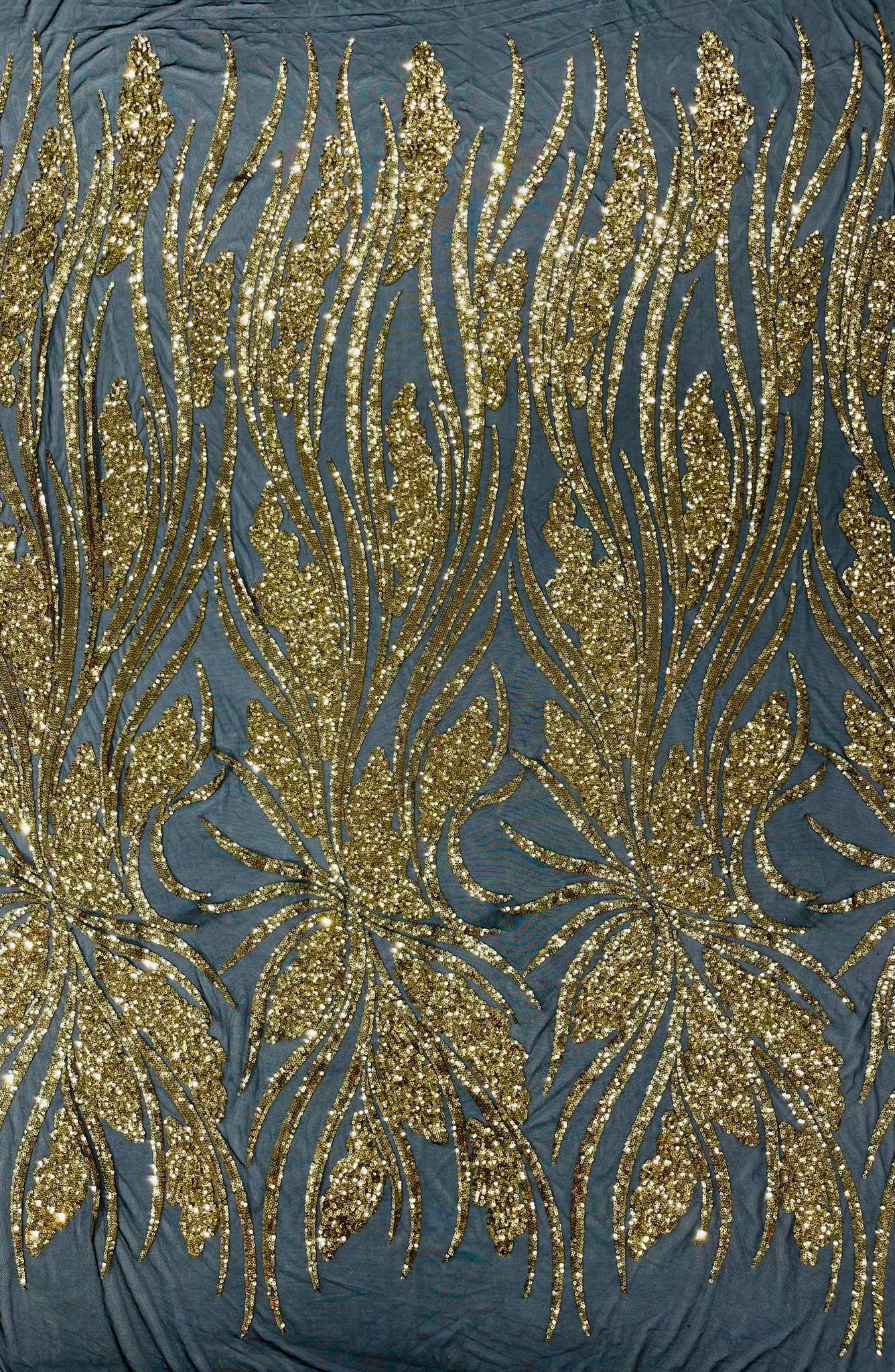 Feather damask shiny sequin design on a 4 way stretch White mesh Fabric-prom-sold by the yard.