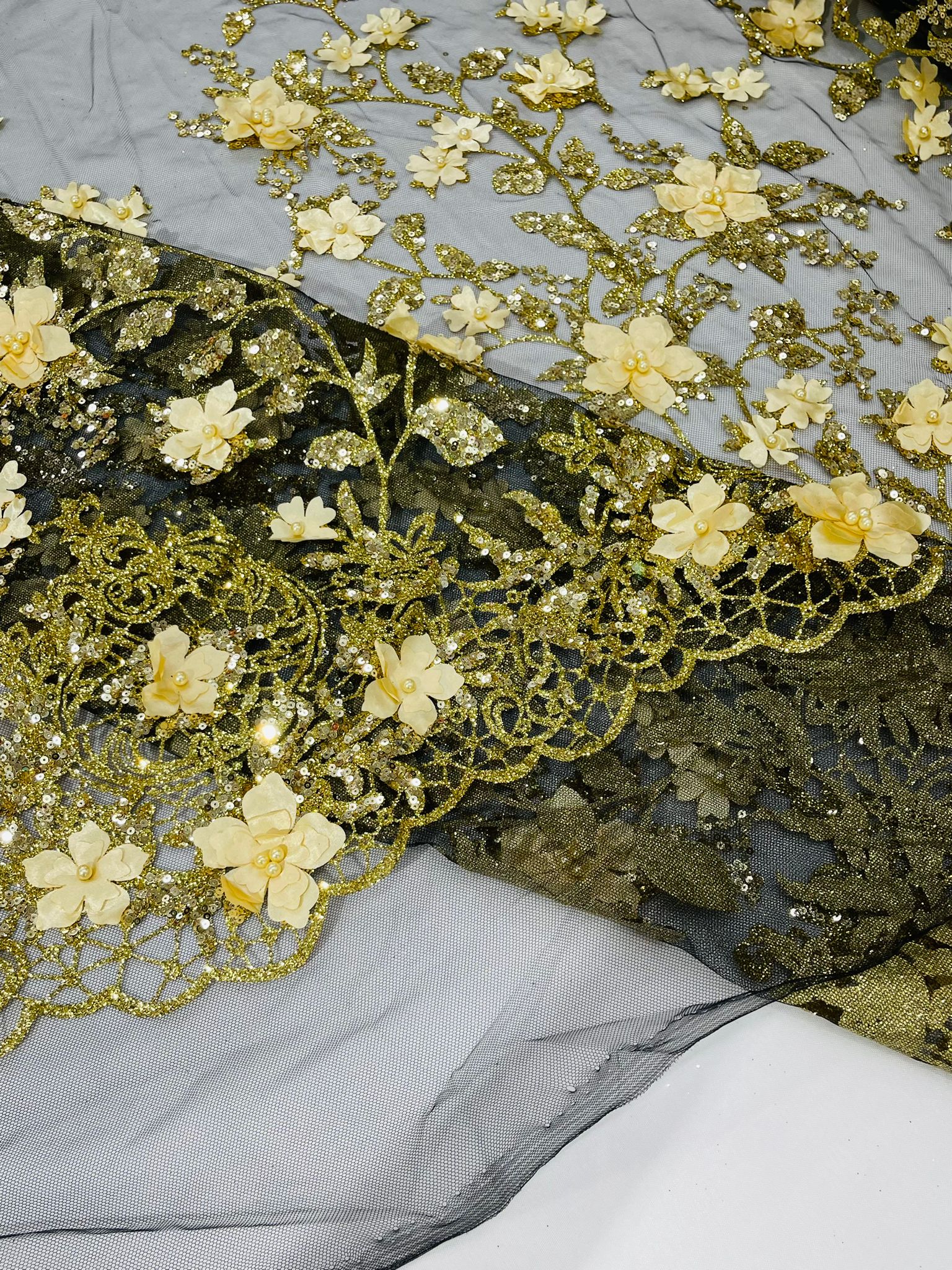 Princess Glitter 3d floral design embroidery with pearls in a mesh lace-sold by the yard.